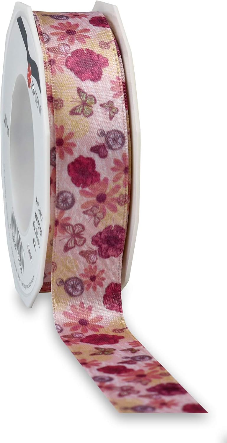 Präsent - Florenz Printed Satin Ribbon Old Rose 25 mm Width, 20 m Length, Old Green