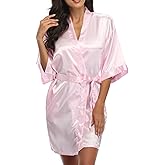 Women's Short Robe Silky Satin Pure Color Bathrobe Bridesmaid Bride Party Kimono V-Neck Sleepwear with Pockets