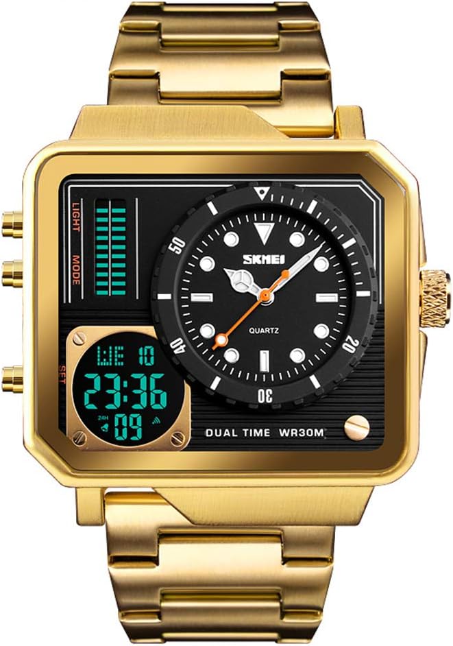 Bounabay Men's Big Dial Dual Time Quartz Digital Electronic Square Watch Stainless Steel Strap Watches-Gold