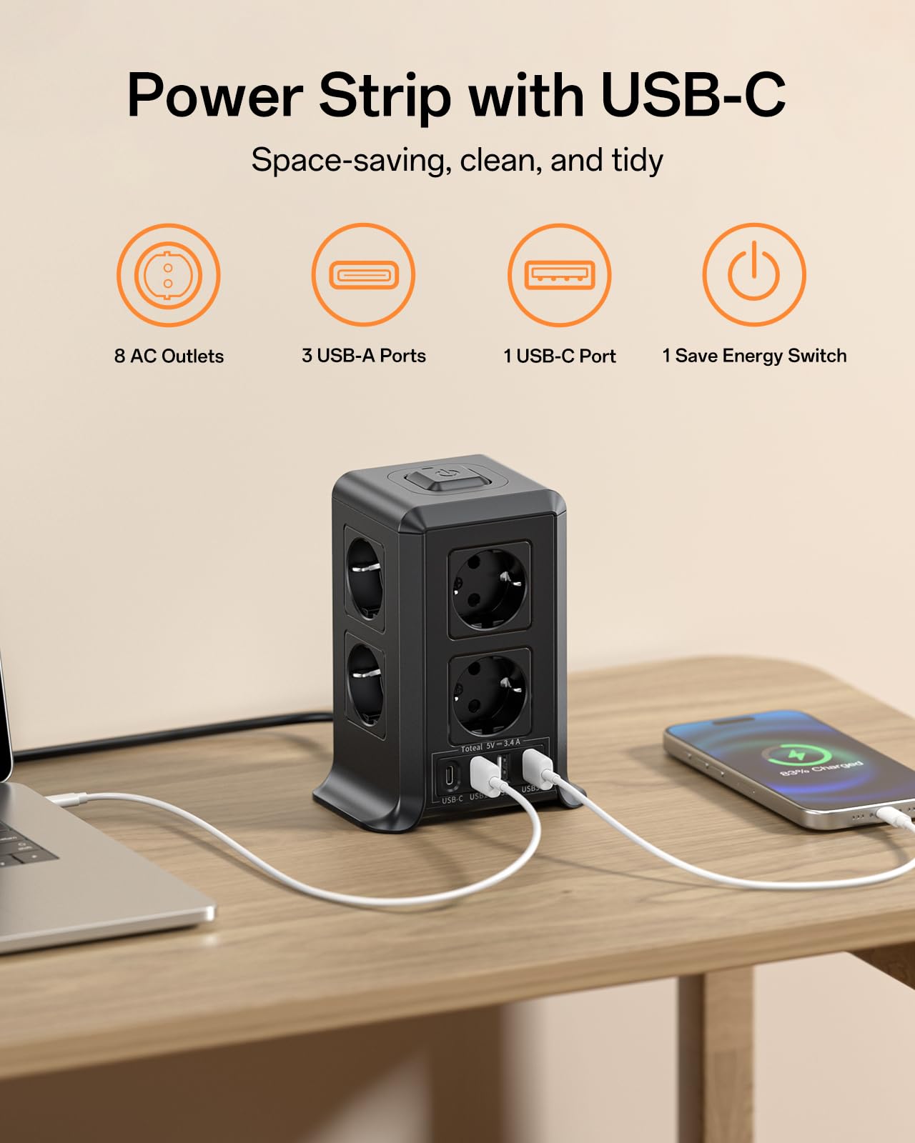 Mehrfachsteckdose mit USB C, 8 Fach Steckdosenleiste mit Schalter, Steckdose mit 4 USB, Mehrfachstecker 3M Verlängerungskabel, Steckdosenwürfel mit Überspannungsschutz für Zuhause,Büro,Küche,2500W 2