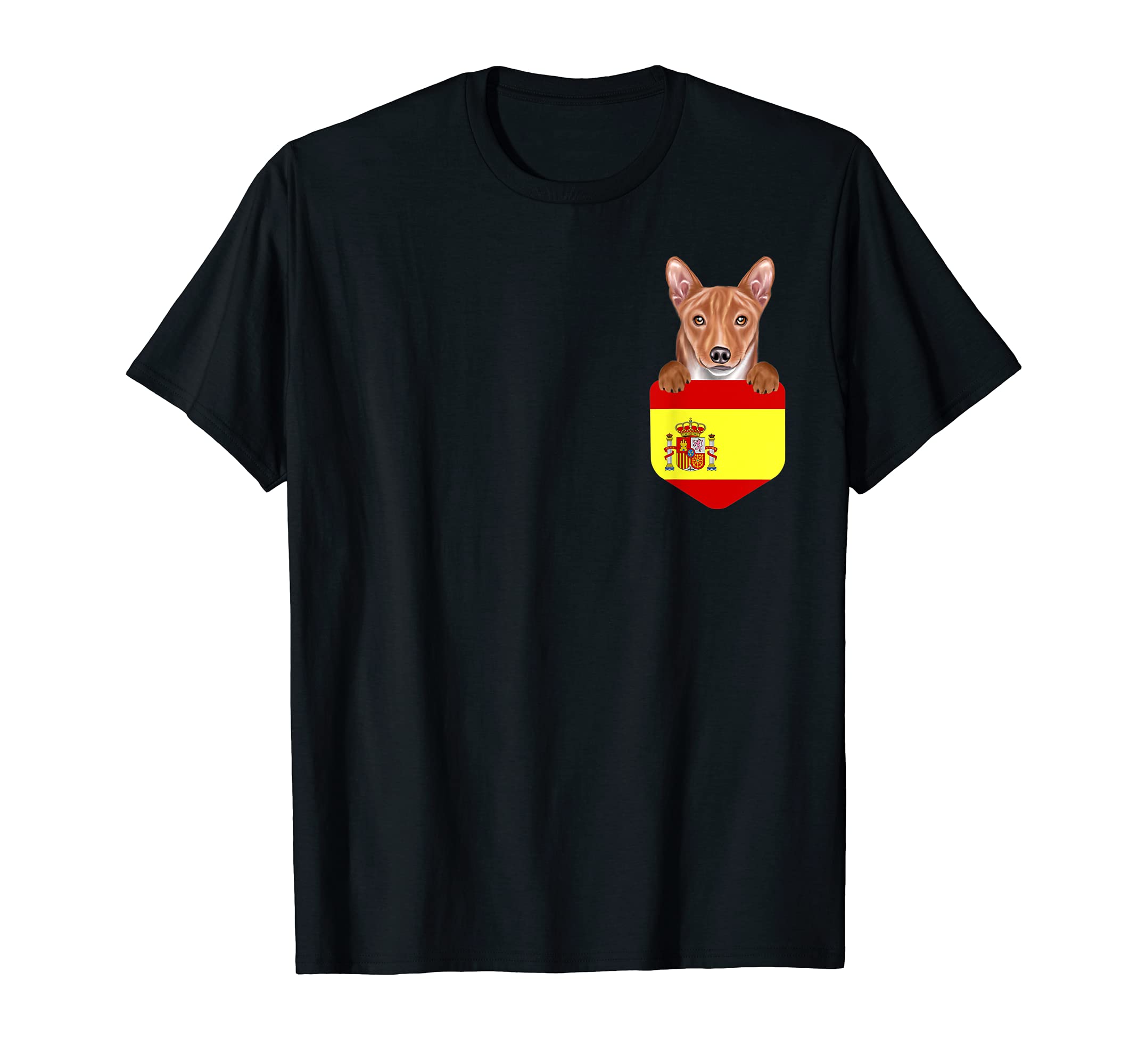Spain Flag Basenji Dog In Pocket T-Shirt