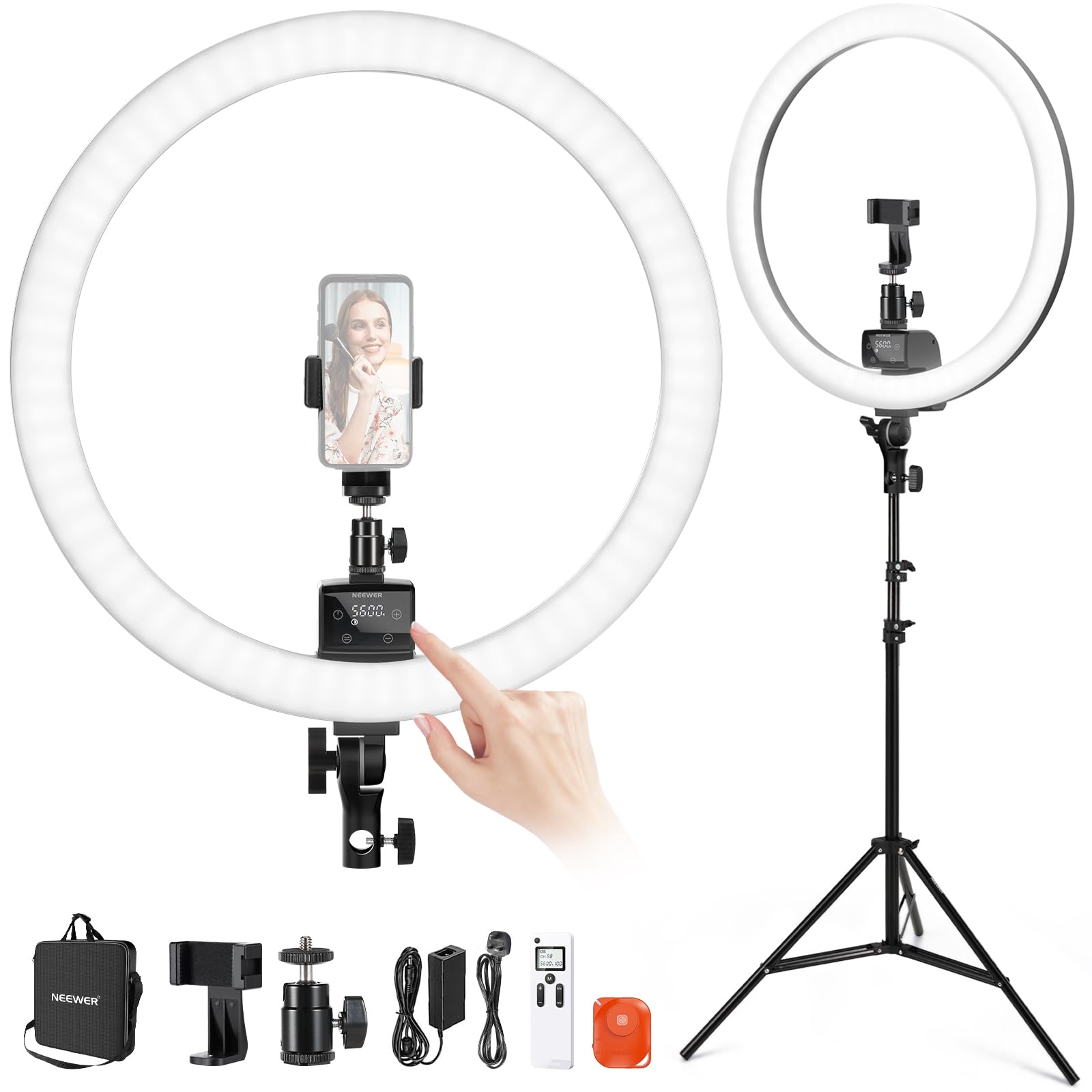 NEEWER Advanced 18 inch LED Ring Light for Phone, LCD Touch Screen, 2.4G Remote Lights Control, 3200-5600K, Tripod Light for iPhone Action Camera, for Studio Makeup TikTok YouTube Video Salon (Black)