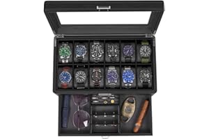 BEWISHOME 12 Watch Box with Valet Drawer, Luxury Watch Case Jewelry Organizer, Leather Watch Organizer for Men Women, Real Glass Top, Metal Hinge, Black SSH02L