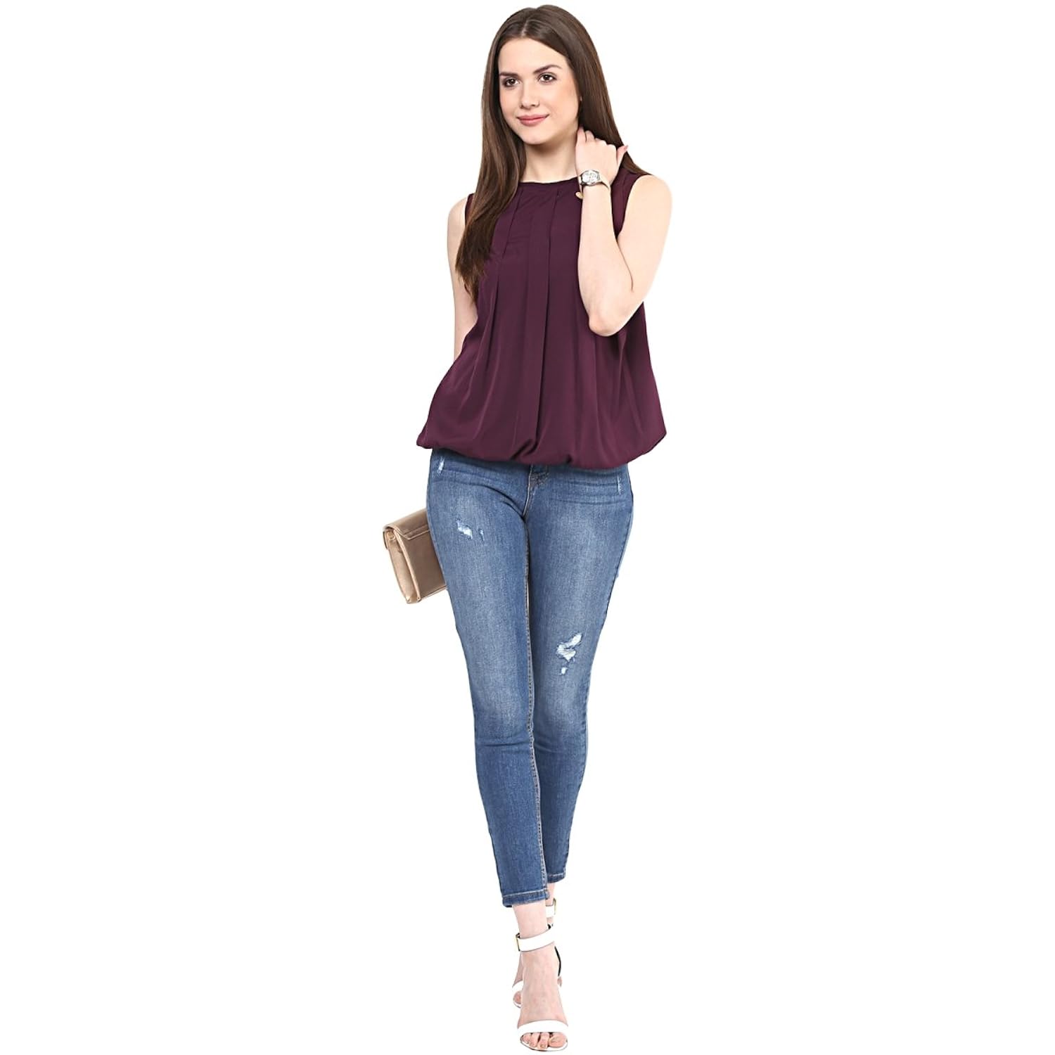 rare women's burgundy georgette blouson top (ep1310)