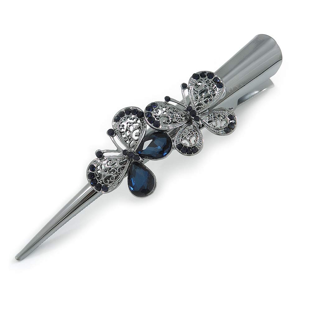 Large Midnight Blue Crystal Double Butterfly Hair Beak Clip/Concord Clip In Black Tone - 13cm L