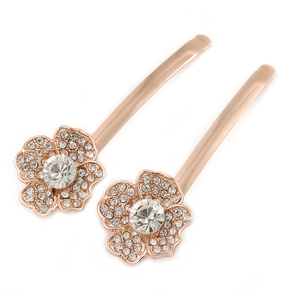 2 Bridal/Prom Clear Crystal Flower Hair Grips/Slides In Rose Gold Tone - 60mm Across