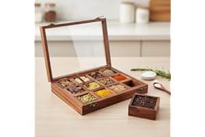 Handmade Wooden Spice Box for Kitchen - 12 Removable Compartments Indian Masala Dabba with Glass Lid & Spoon - Wood Spice Org