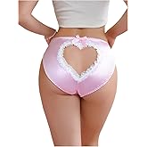 OYOANGLE Women's Satin Panties Lace Trim Cut Out Briefs Mid Rise Cute Underwear