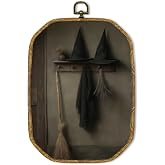 GUULIJEEMIY Vintage Witch Broom Hat Canvas Wall Art Decor, Halloween Dark Academia Gothic Octagon Framed Wall Art Prints, Rustic Antique Witchy Hanging Home Decor for Bedroom Living Room, 10.2x7 Inch