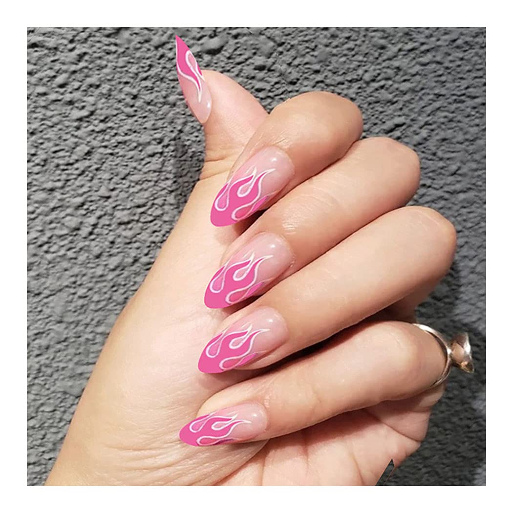 Fairvir Fashion Glossy Fake Nails Pink Flame Full Cover Aryclic Oval False Nails Party Night Club Clip Press on Nail for Women and Girls