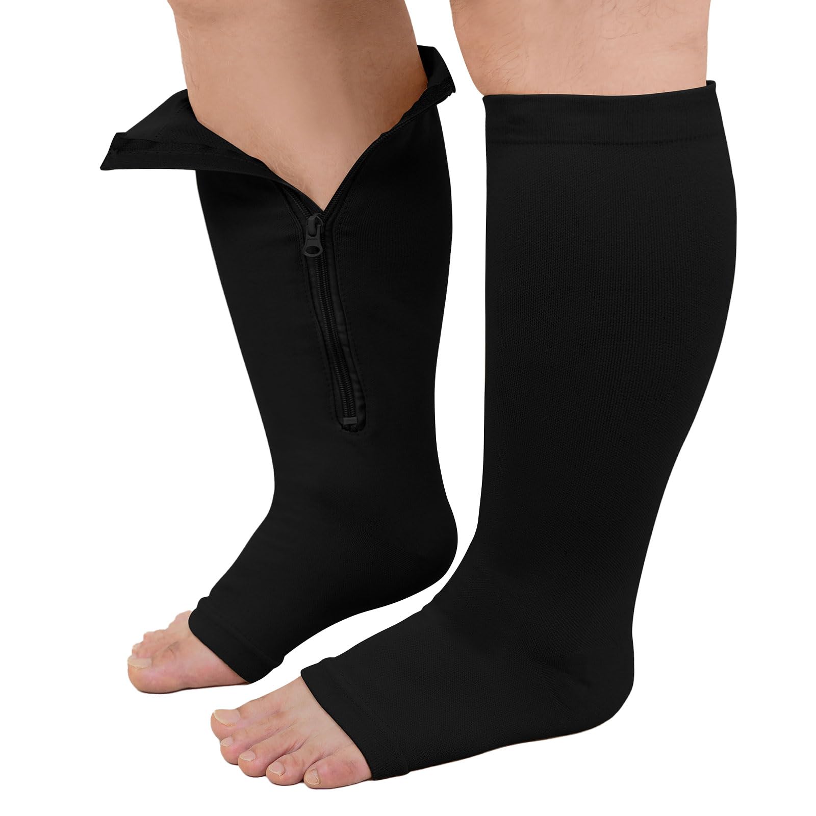 PUTUO Plus Size Compression Socks: Wide Calf Zip Flight Sock Women Men Extra Large Graduated Open Toe Support Stockings for Travel Black 4XL 1Pairs