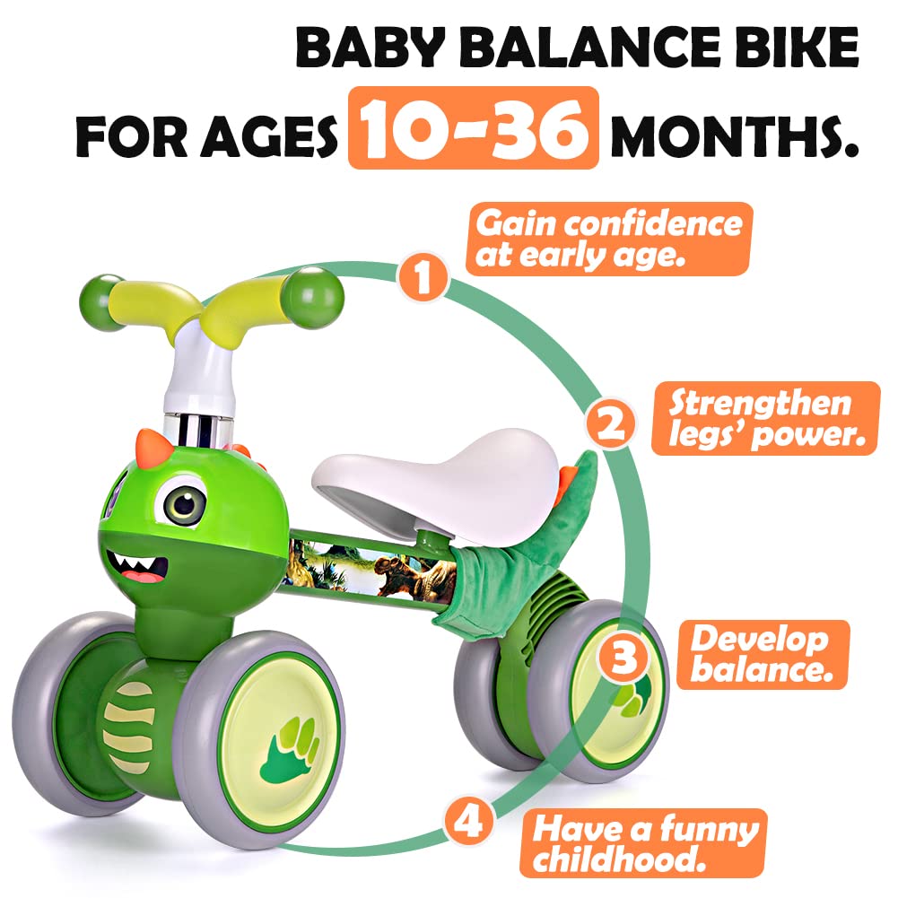 YGJT Baby Balance Bike Toys for 1 Year Old Boys Girls, 10-36 Months Toddler Bike, Non-Pedal 4 Silent Wheels Riding Toys Indoor Outdoor, First Birthday Gifts, Kids Pre-School First Bike Dinosaur