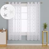 Deconovo Star Embroidery Linen Look Sheer Voile Curtains Two Panels 55 x 72 Grey view 2