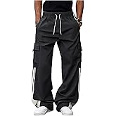 BEAUDRM Men's Y2K Baggy Wide Baggy Pants Striped Drawstring Elastic Waist Cargo Pants Parachute Trousers Streetwear