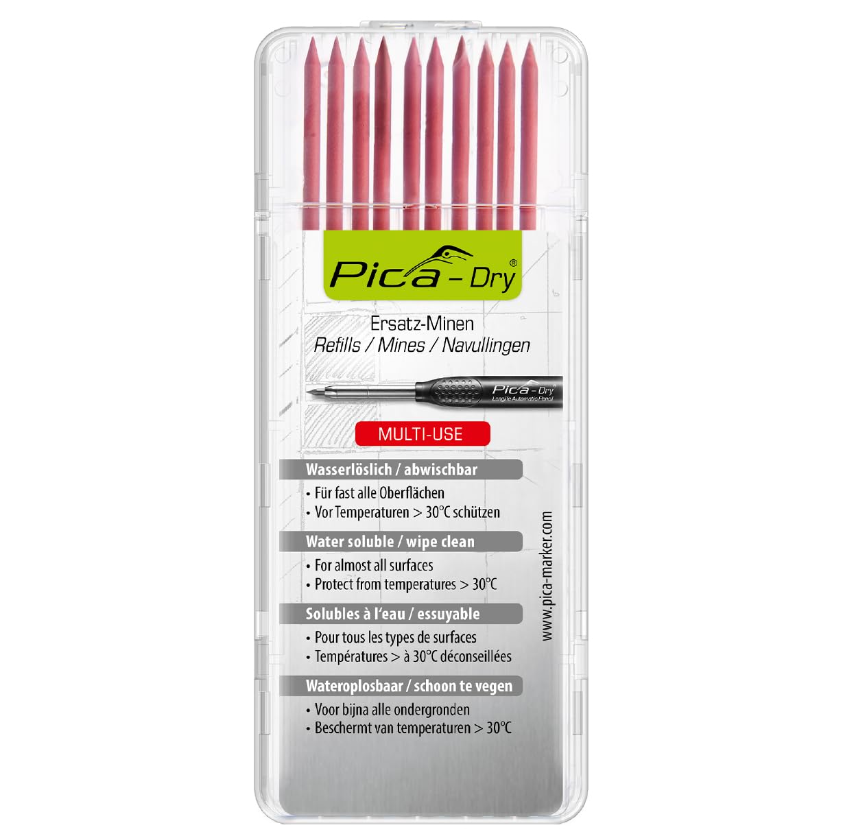 Pica 4031 DRY Refills For Automatic Pencil Markers 10 x Red Leads
