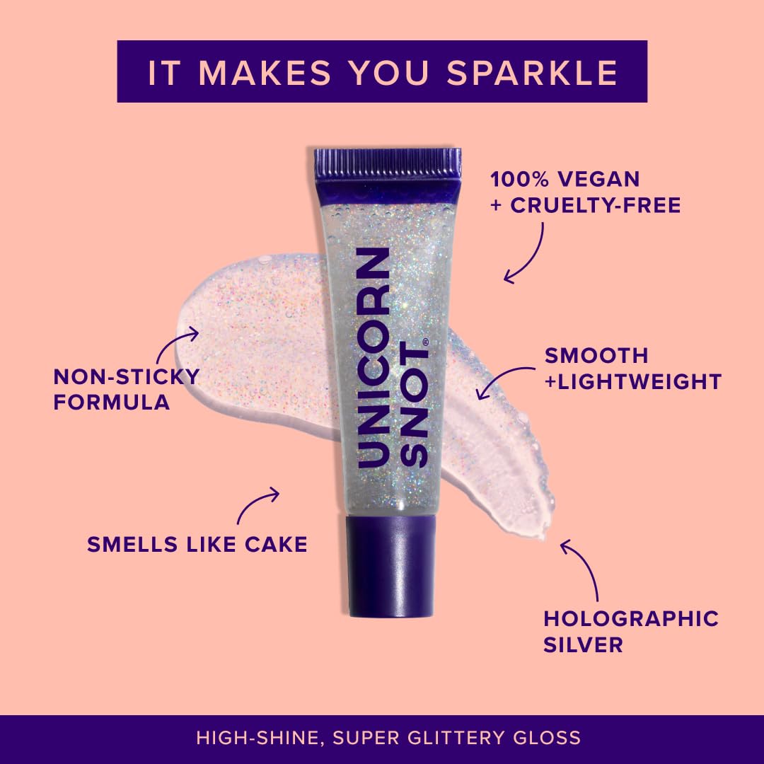 UNICORN SNOT Glitter Lip Gloss | Sparkly & Shimmer Glitter Lips for Festivals, Raves, Anime Cosplay, Halloween Costume Makeup | Vegan & Cruelty Free 0.37fl oz (Disco/Holographic Silver)