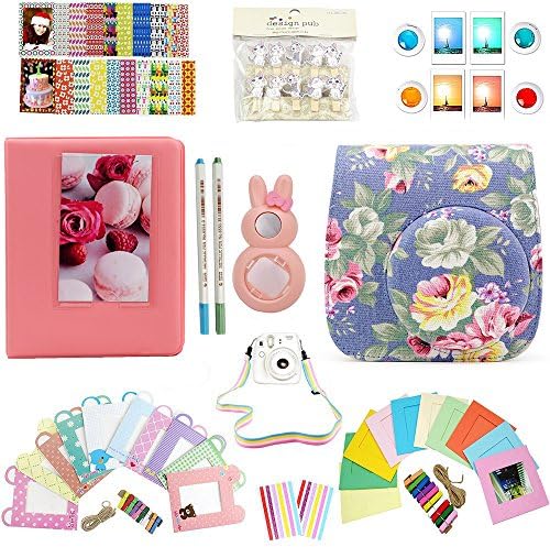 Fujifilm Instax Mini 8 Accessories,Durac 10 in 1 Camera Bundles Set Include Mini 8 Case/Camera Strap/Album/Lens/Filters/Film Frames/Border Stickers/Corner stickers/Pen/Bear Clip - (Flower)