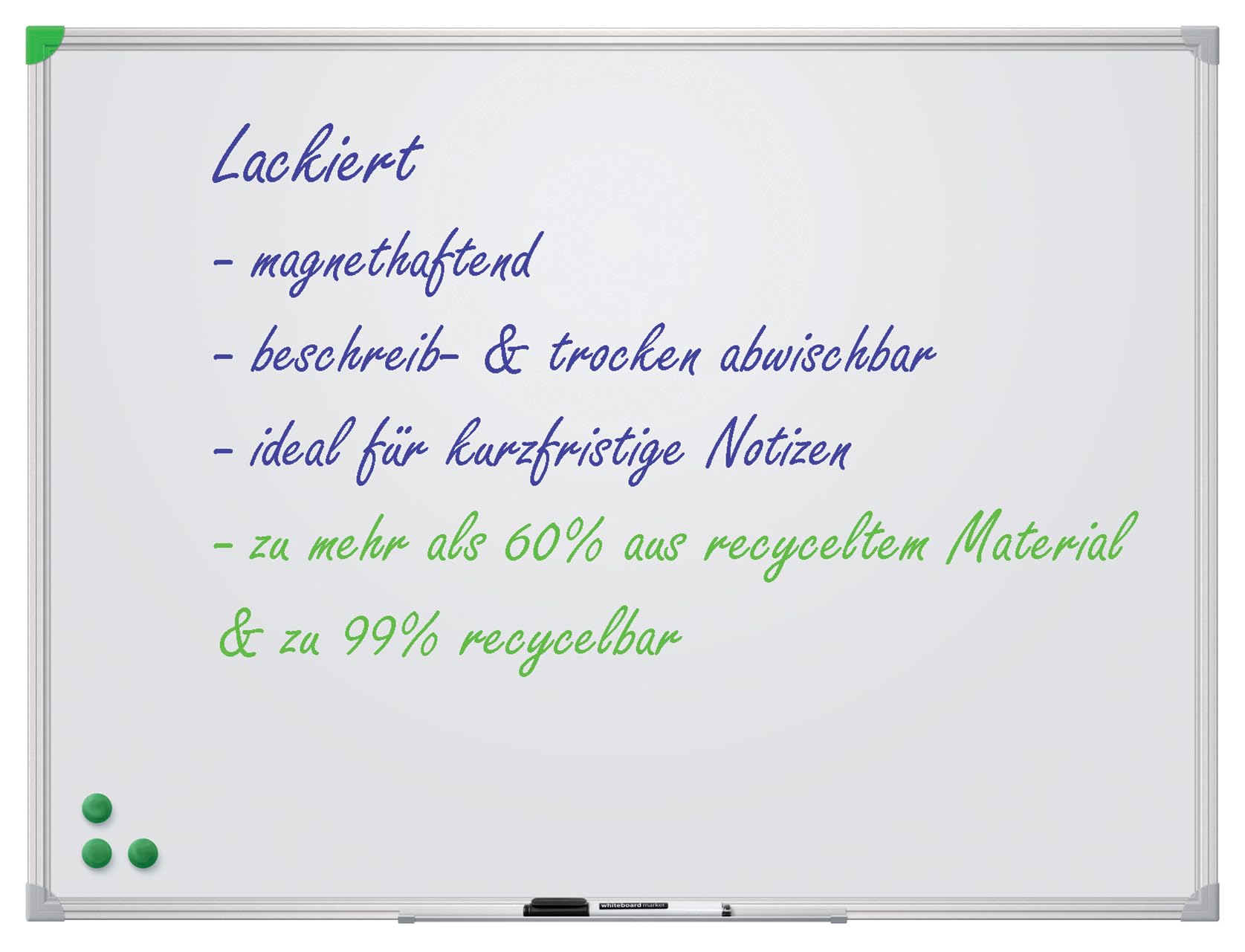 Whiteboard U-Act! Line Aluminium frame with plastic corners. Frame colour: silver anodised, light grey edges (one in green). Stand. Wall attachment accessories included. Varnished White 40 x 30 cm White