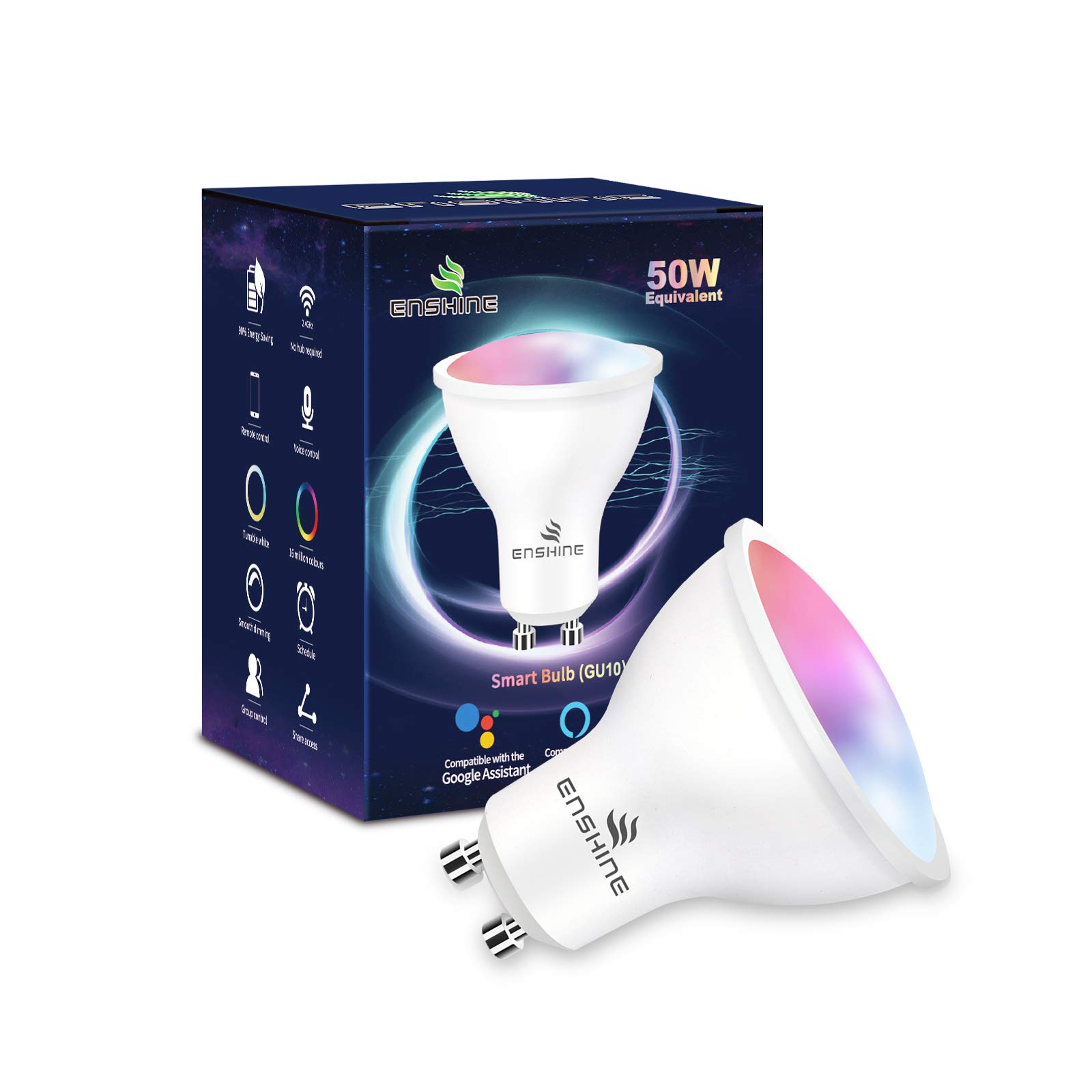 Enshine GU10 Smart Bulb, Tunable White and RGB Colour WiFi Light Bulbs, Compatible with Alexa and Google Home, Music Sync, Remote Control, 5W(50W), 470 Lumens, No Hub Required, 1 Pack