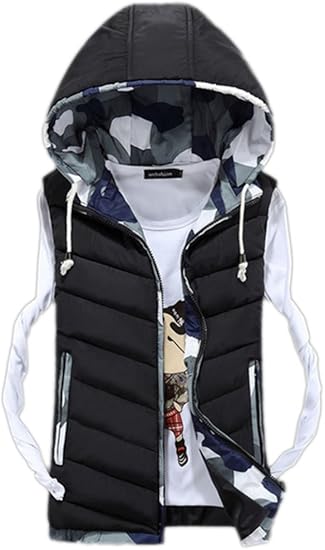 Amazon Y M A 76 メンズ ダウン ベスト フード パーカー 迷彩 カモフラ 切り替え カラー かっこいい カジュアル スタイル 4xl ブラック メンズ 通販
