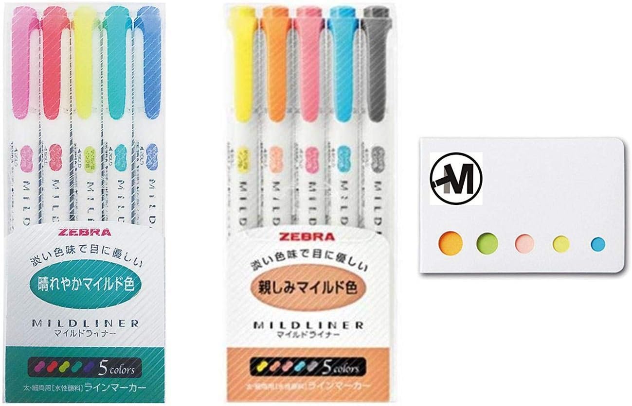 2018 NEW Version Zebra Highlighter Mildliner 10Color Set Doublee Side(WKT7-5C-HC,WKT7-N-5C) With Our Original Sticky Notes