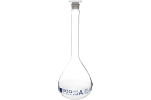EISCO Volumetric Flask, 500ml - ASTM, Class A - Tolerance ±0.20ml - Interchangeable, Size 19 Polypropylene Stopper - Single, White Graduation - Borosilicate Glass