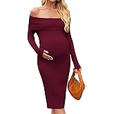 Yousify Womens Maternity Sweater Dresses Off Shoulder Long Sleeve Knit Bodycon Midi Dresses for Baby Shower Photoshoot