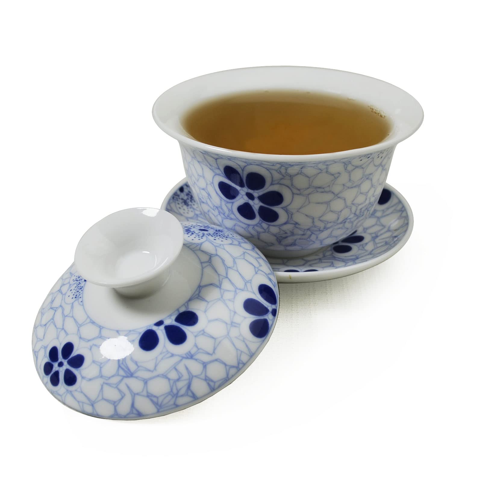 Yxhupot Gaiwan Chinese Sancai 4oz Tureen Tray Blue White Cup Tea Set Bowl Saucer Lid (B)