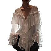 Women Tie Front Ruffle Boho Tops Short Sleeve Sheer Mesh Floral Embroidery Blouse Lace Summer Fall Streetwear
