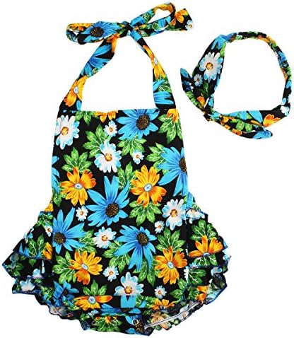 Baby Girls 2pcs Sets Cotton Ruffles Romper Outfits Clothes Blue Chrysanthemum 12 Months