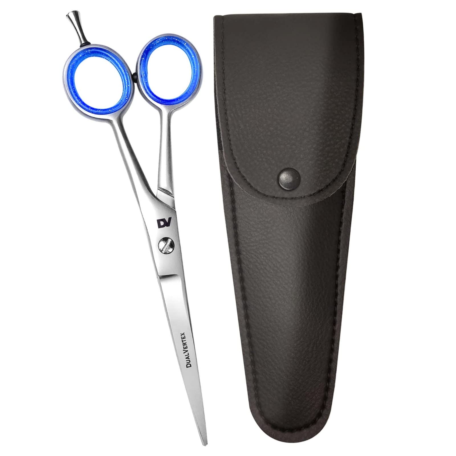 Silver Hair Cutting Scissor - 6.5” (16.5cm) Hairdressing Scissors, Stainless Steel Barber Shears with Removable Rubber Finger Inserts & Leather Case – Suitable for Everyone