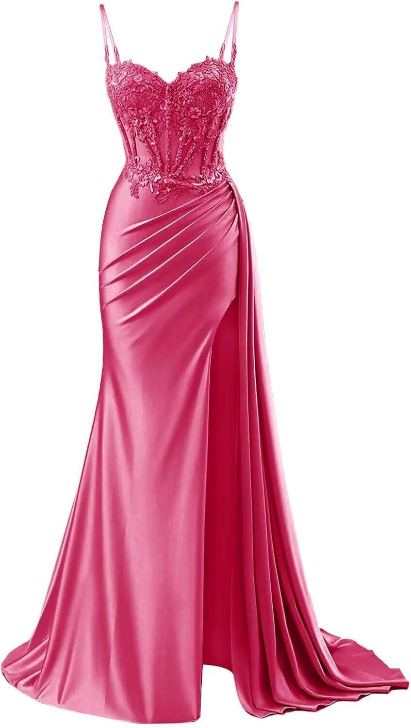 INEWER Spaghetti Straps Hot Pink Prom Dresses Long