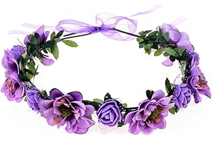 June Bloomy Rose Flower Leave Crown Bridal Halo Headband with Adjustable Ribbon (Purple)