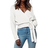 Womens Fall Sweaters 2026 Womens Casual V Neck Wrap Sweater Pullovers Lightweight Ribbed Drop Shoulder Knitted Warm Cozy Tops