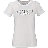 Armani Exchange Women's Crewneck Regular Fit Rhinestone and Metallic Logo Tee, Optic White, Medium