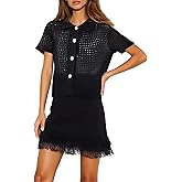 RISCUYY 2 Piece Skirt Sets for Women Short Sleeve Crochet Knit Top and Mini Skirt Casual Vacation Outfits