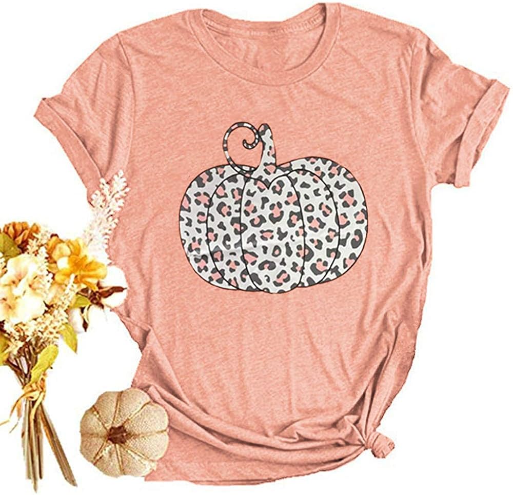 Woffccrd Womens Funny Leopard Pumpkin Printed Shirts Halloween Short Sleeve Graphic Tees Fall T-Shirts Tops: Clothing