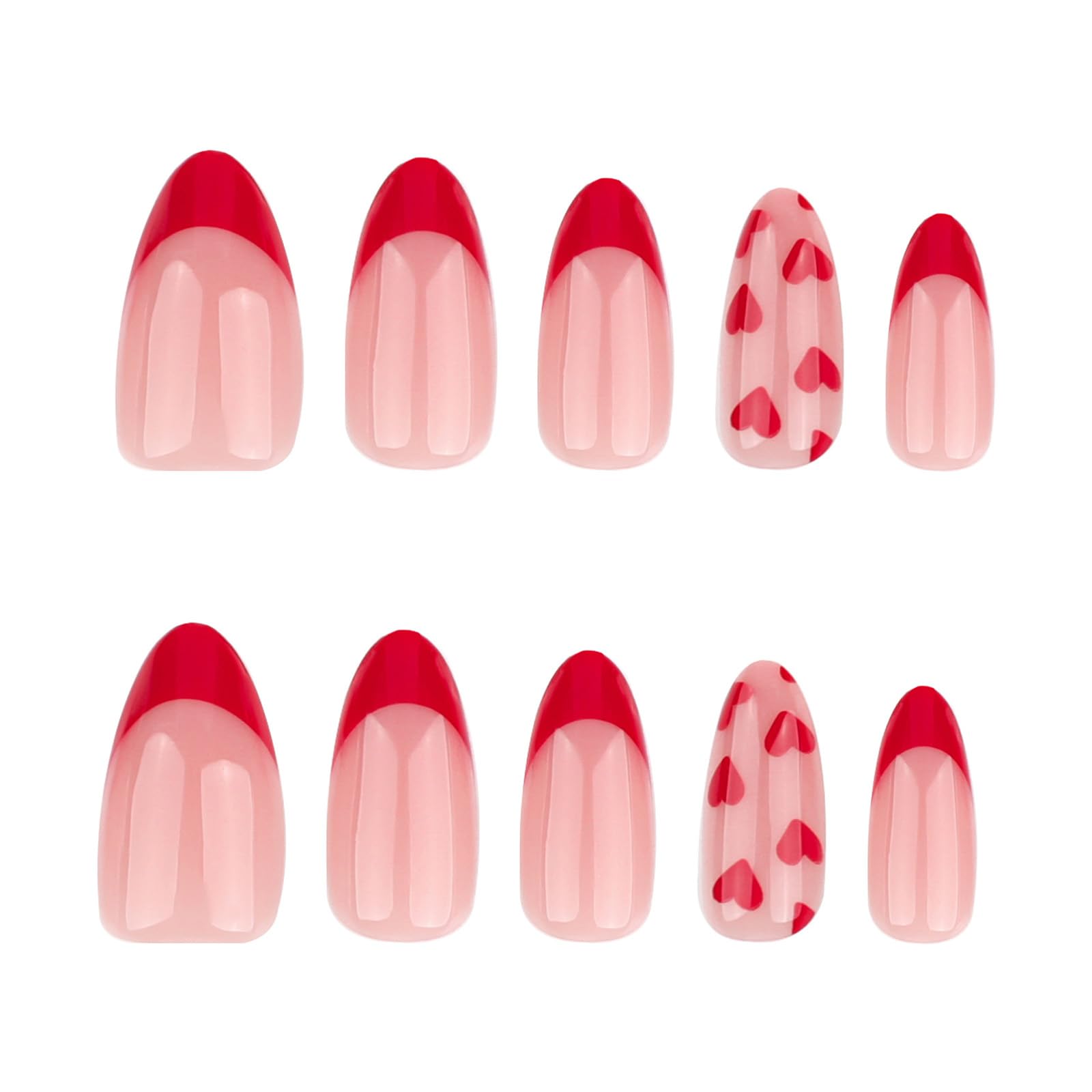 Red Valentines Press on Nails Heart Design Fake Nails Almond Shape Red French Tip Valentines Acrylic Nails Medium Length Glue on Nails Glossy Red Heart Stick on Nails for Women - Image 5