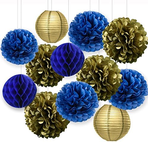 Bridal Shower Decorations Navy Blue Gold Tissue Paper Pom Poms Paper Lanterns Baby Shower Decorations Birthday Party Decorations