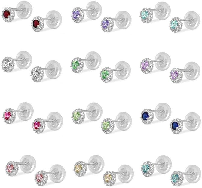 14K White Gold Flower Shaped Simulated Birthstone Earrings