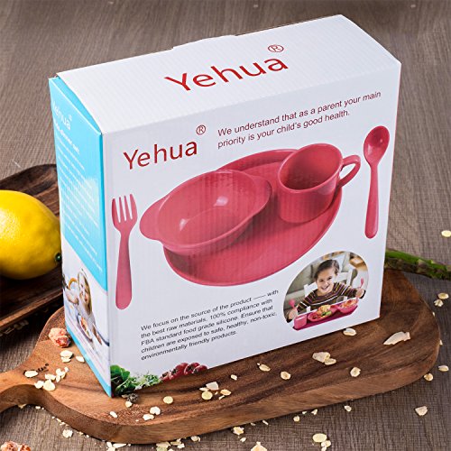 Silicone Children Tableware Set of 5, Yehua Baby, Kids, Toddler Dinnerware Set - Spoon, Fork, Cup, Plate, Bowl - FDA/BPA Free Appoved, Unbreakable, Best Gifts With Child 1-13 Years Old - Rose - Thumbnail 6