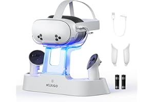 NexiGo Enhanced Charging Dock for Meta Quest 3 and 3S, with LED Light [On/Off], [Support Elite Strap with Battery], Headset Display Holder and Controller Mount, Rechargeable Batteries, White