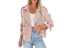 Women Crop Double Breasted Trench Coat Raglan Sleeve Work Office Cropped Jacket Fall Winter Outerwear with Pockets Pink