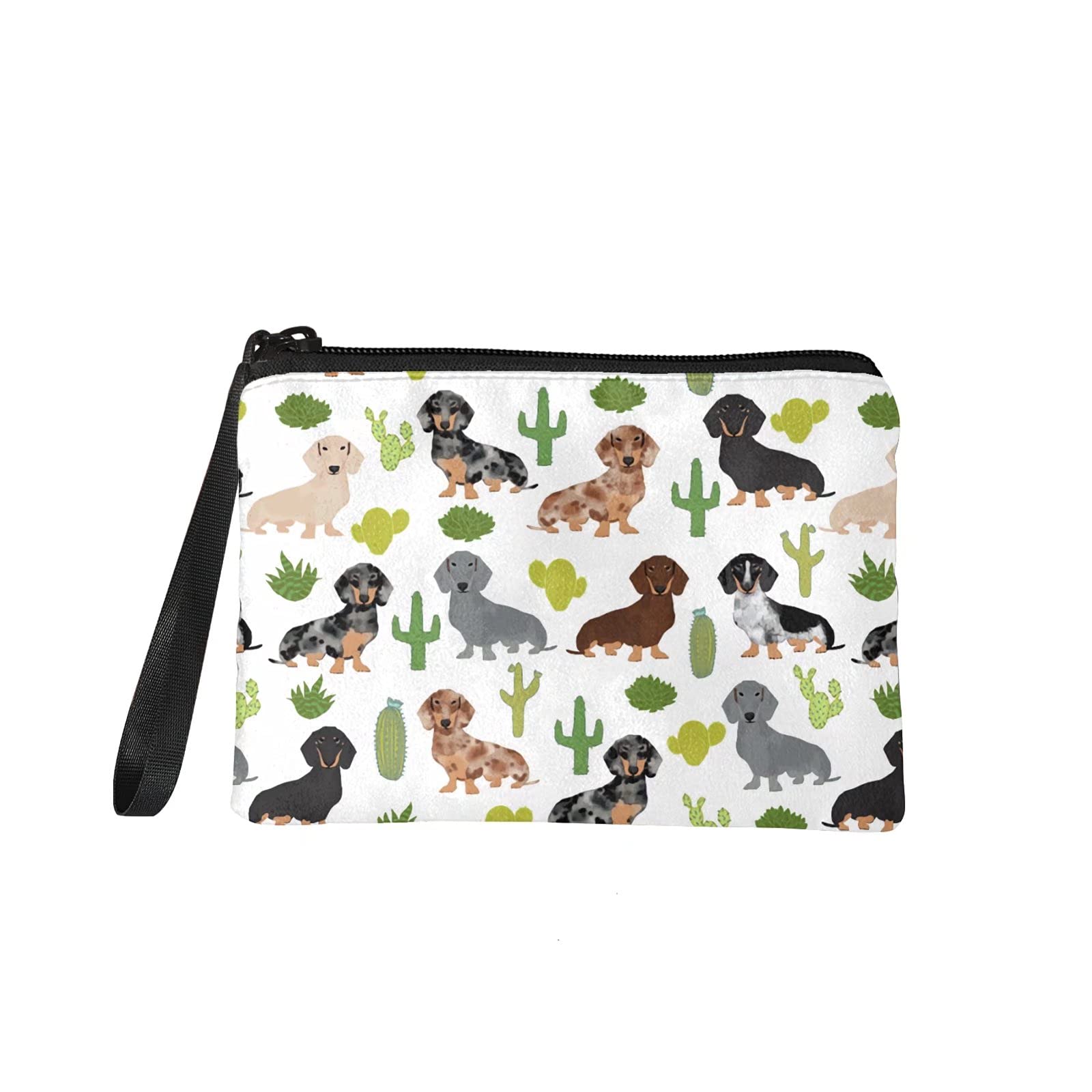 chaqlin Womens Coin Purse Change Cash Bag Zipper Small Purse Wallets with Dachshund Pet Dog Cactus Pattern Cosmetic Bag with Strap