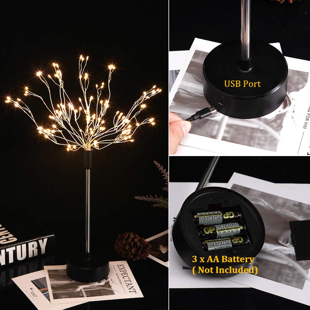 VSTYLE Firework Lights, Bendable 120 LED Decorative Fireworks Lamps with 8 Flashing Modes Copper Wire Lights USB/AA Charging Portable Exploding Star Copper Wire Lamp