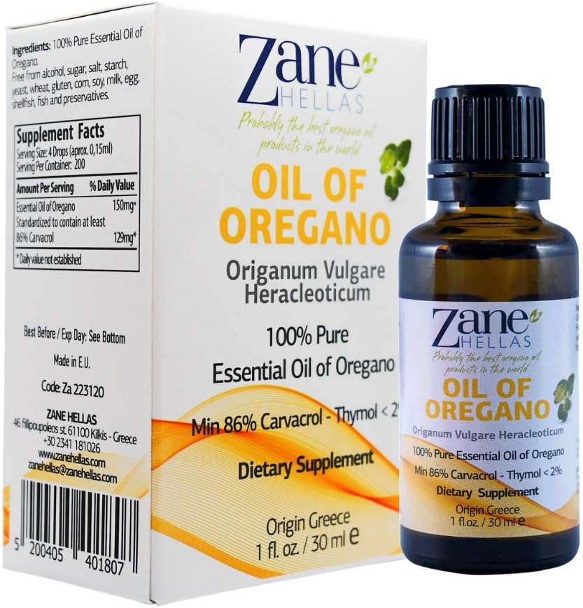 Undiluted Oregano Oil. 100% Pure Greek Wild Essential Oil of Oregano with 86% Minimum Carvacrol. 129 mg Carvacrol Per Serving. 1 fl. oz. Zane Hellas