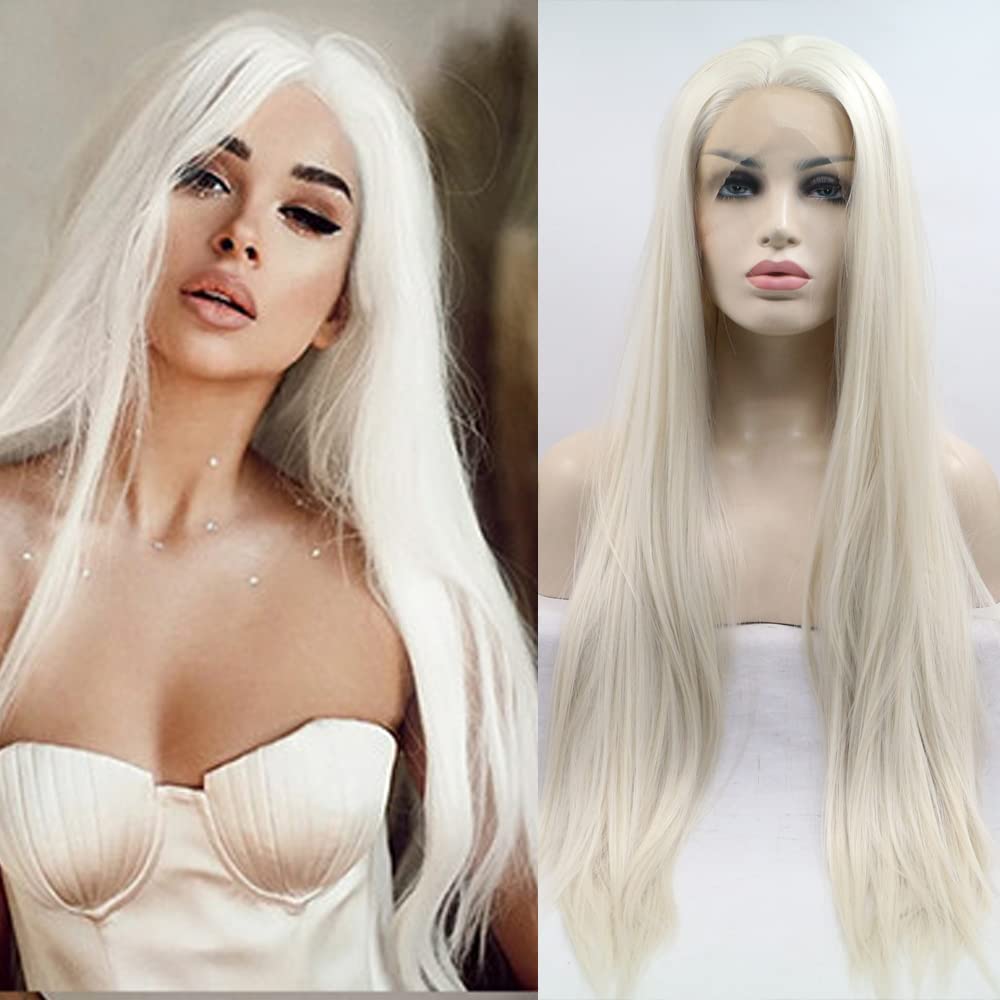 Xiweiya Wig Long Silky Straight Hair Wigs White Blonde Synthetic 12 * 1 T Lace Front Wigs Middle Part Heat Resistant Hair Natural Hairline Cosplay Wigs