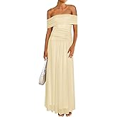 MASCOMODA Women Off The Shoulder Mesh Maxi Dress Bodycon Ruched Formal Sleeveless Pleated Cocktail Wedding Guest Long Dresses(Light Apricot,Medium)