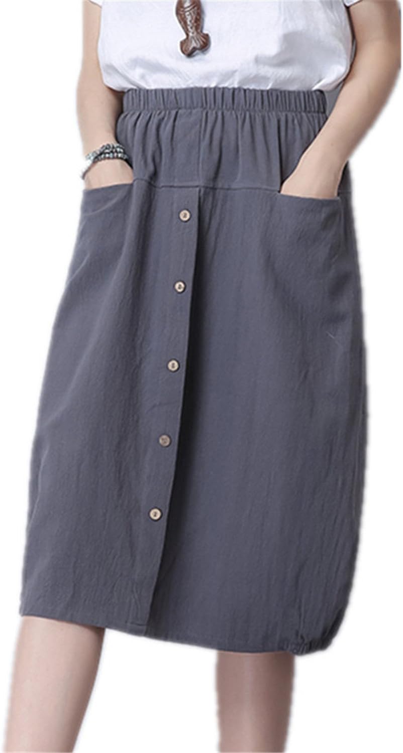 JIANGTAOLANG Women Cotton Linen Vintage Empire Elastic Waist Button Pockets Midi Skirt Gray L
