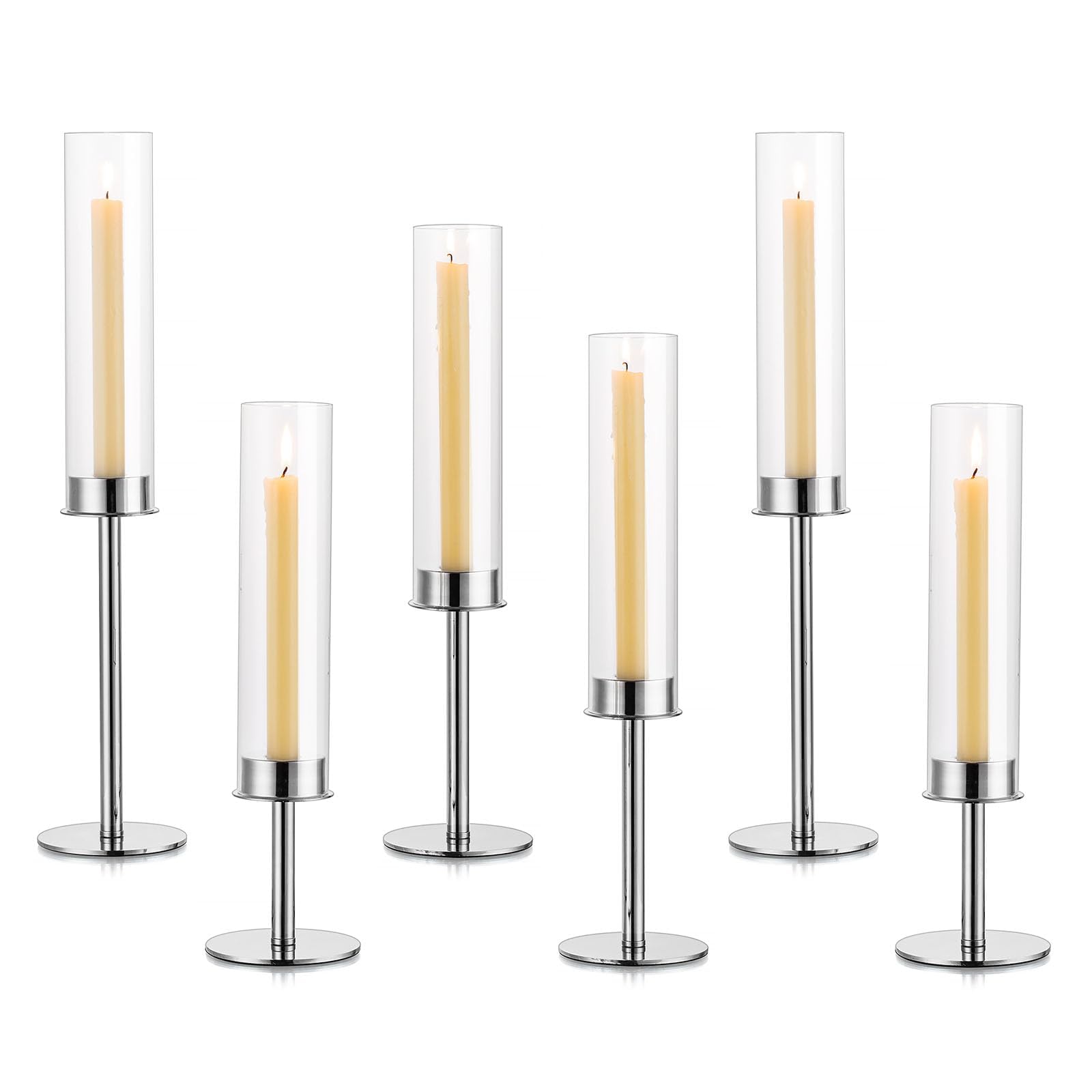 Photo 1 of Inweder Hurricane Taper Candle Holder Silver: Glass Candlestick Holder Tall Candle Sticks Holder Decor with Glass Cover for Wedding Table Centerpiece Party Birthday Christmas Home Mantel Set of 6